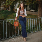 belle poque Vintage Straight Leg High Waisted Elastic Waist Multi-Pocket Flare Denim Pants