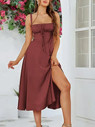 belle poque 2025 Ruched Bust Split Thigh Cami Sundress Brown