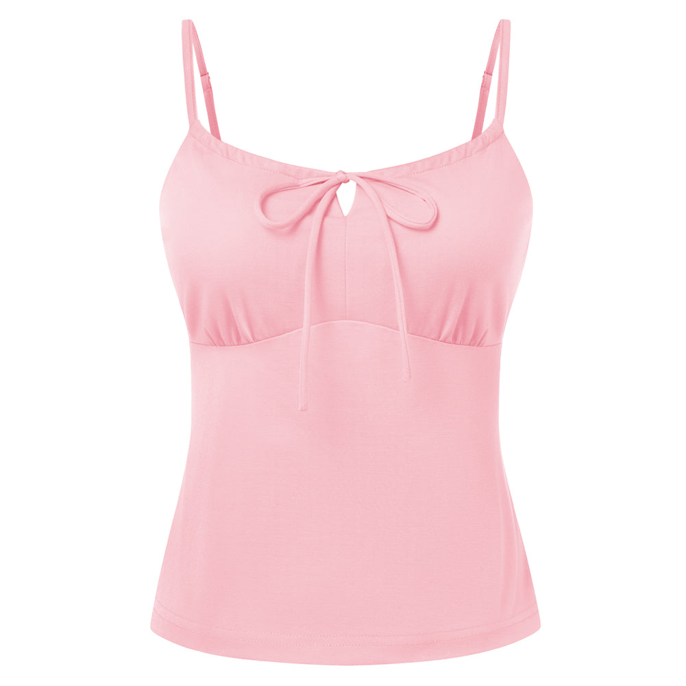 belle poque 2026 Summer Women's Tie Front Spaghetti Strap Top Sexy Cutout Crop Tank Top Pink