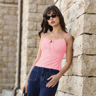 belle poque 2026 Summer Women's Tie Front Spaghetti Strap Top Sexy Cutout Crop Tank Top