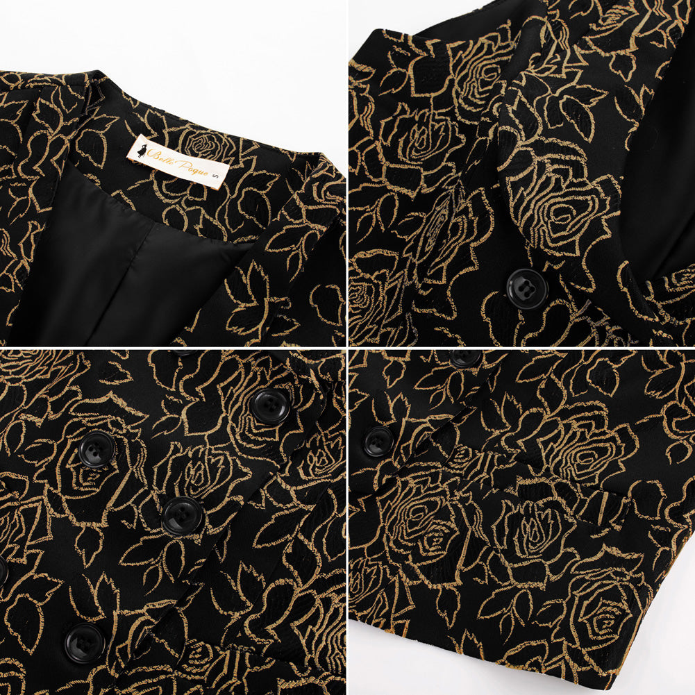 belle poque Vintage Floral Printed Double Breasted Vest Deep V-Neck Handkerchief Hem Vest Coat