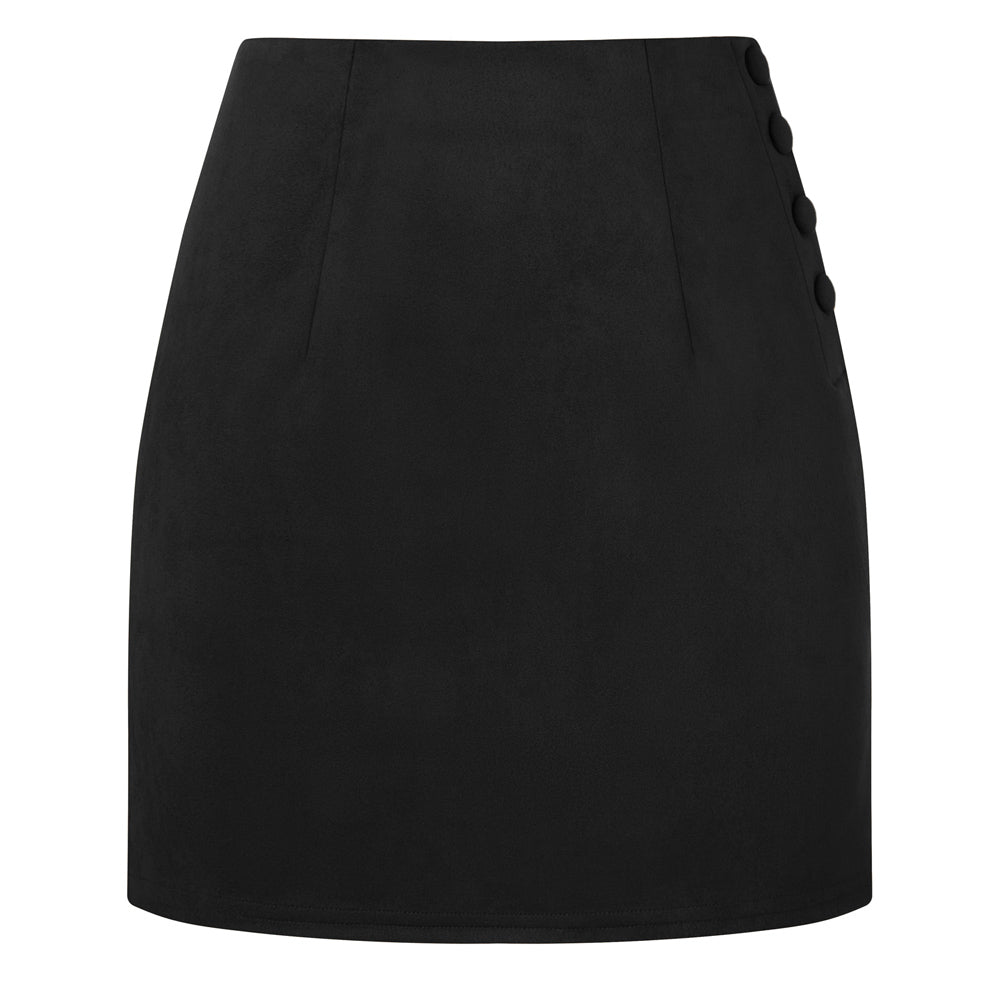 belle poque Women Mini Skirt Bodycon Mini Skirt Suede Skirts with Botton Black