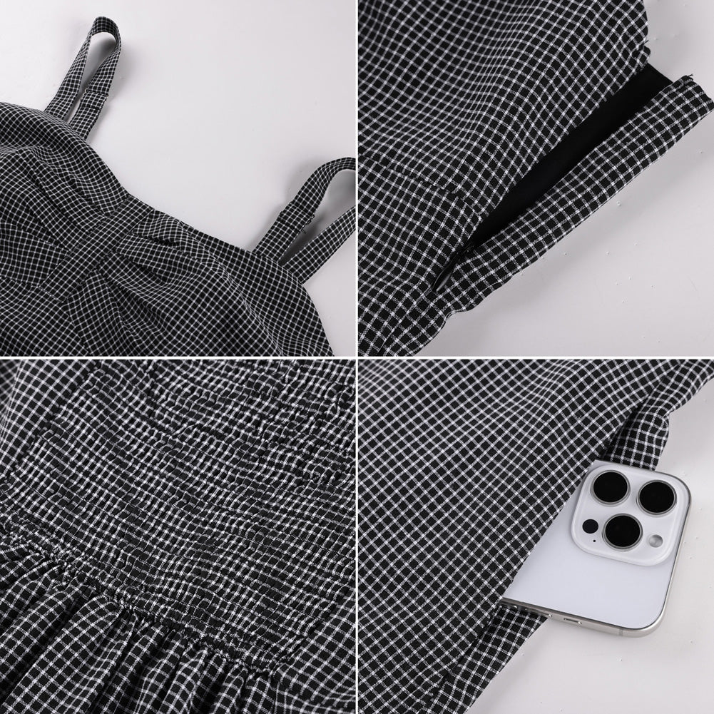 belle poque 1950s Vintage Gingham Dress for Women Sweetheart Neckline Dresses with Pockets