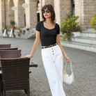 belle poque Women's Lace Trim Tops Slim Fit Ribbed Knit Basic Tee Tops