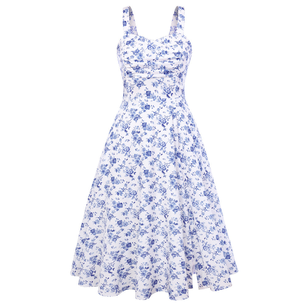 belle poque Vintage 1950s Cocktail Dress Ruched Slit A Line Swing Dress with Pockets Blue Floral