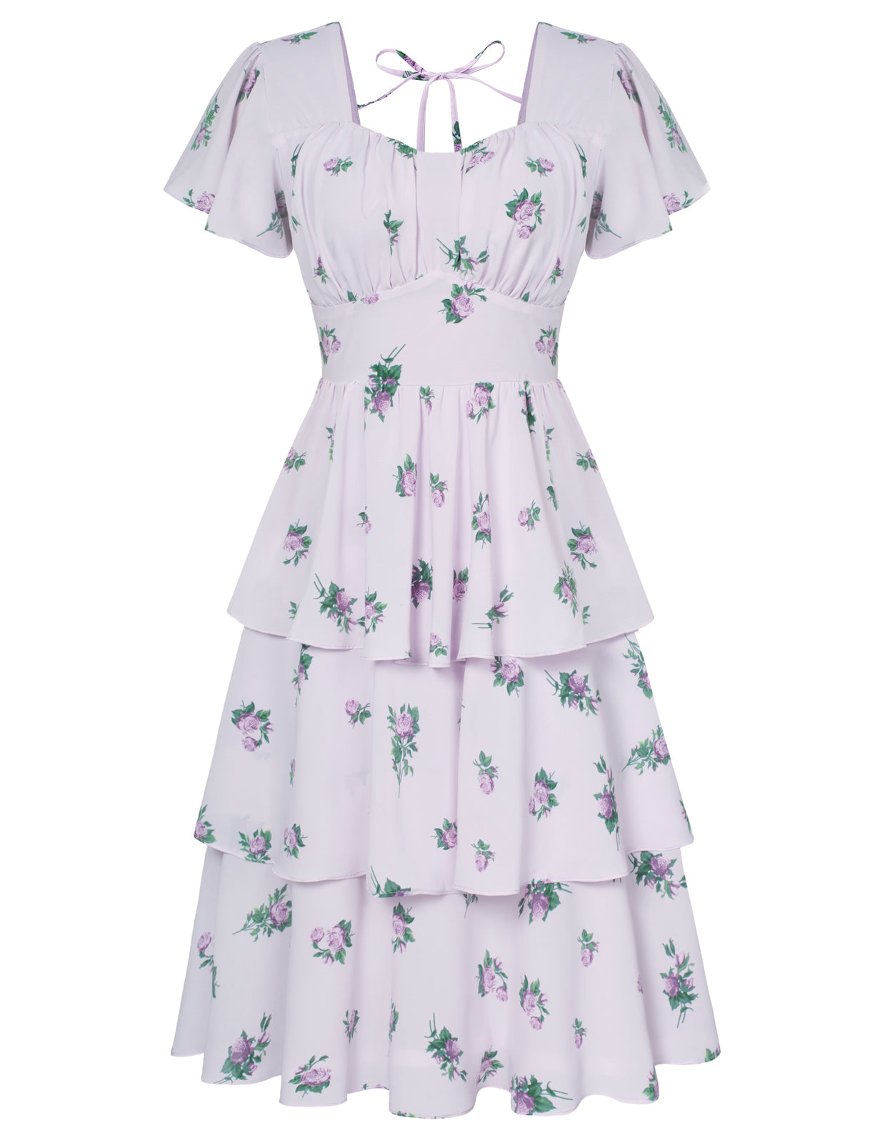 belle poque Floral Print Square Neck Tiered Ruffle Dress 2023 Summer Vintage A-line Swing Midi Dress Purple