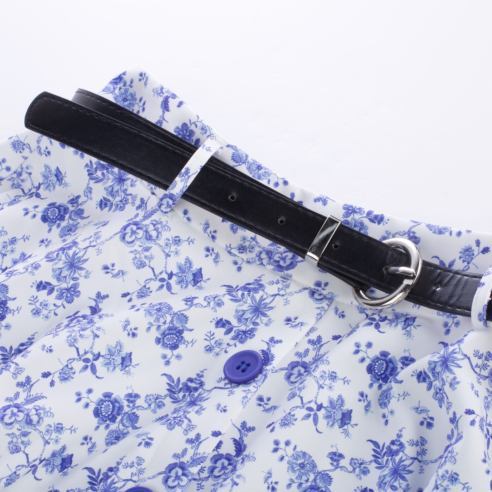 belle poque Swing Skirt with Belt Elastic High Waist Buttons Decorated Skirt