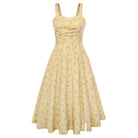belle poque Vintage 1950s Cocktail Dress Ruched Slit A Line Swing Dress with Pockets Yellow Floral