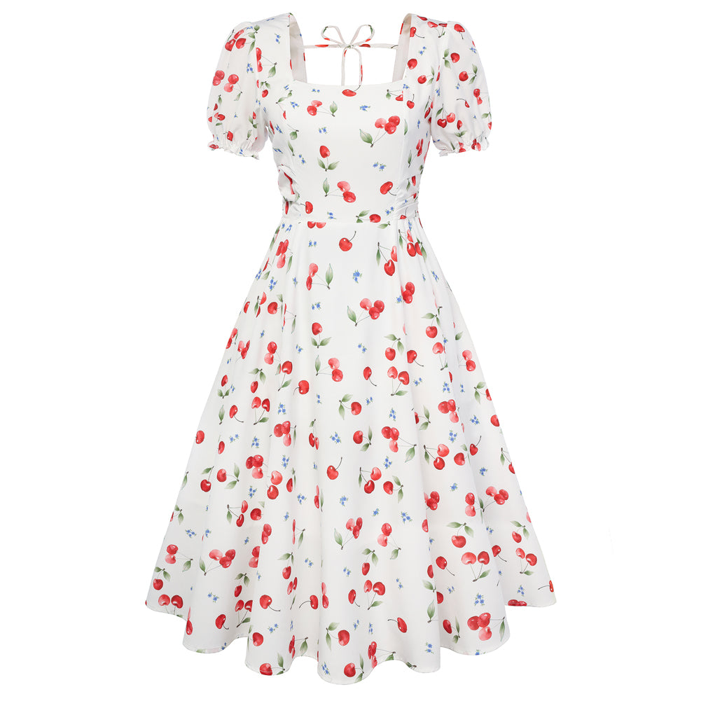 belle poque 1950s Vintage Spring Cottagecore Dresses Puff Sleeve Dress with Pockets Cherry
