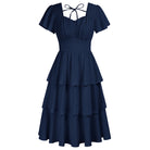 belle poque Vintage Dress 2026 Summer Layered Tiered Ruffle Swing Midi Dress Dark Blue