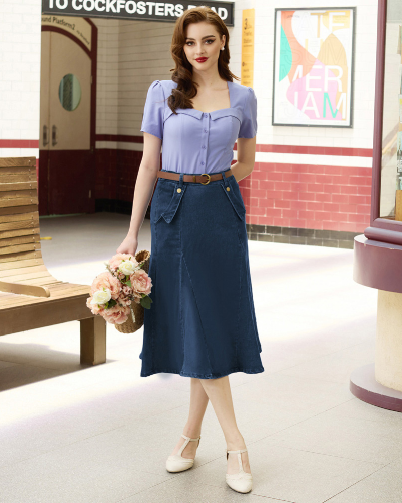 Knee length jean skirts and dresses clearance