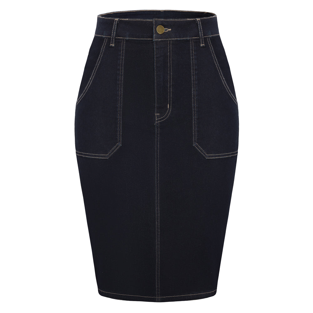 belle poque 2026 Women's Denim Skirt Knee Length Jean Skirt with Pockets Dark Blue