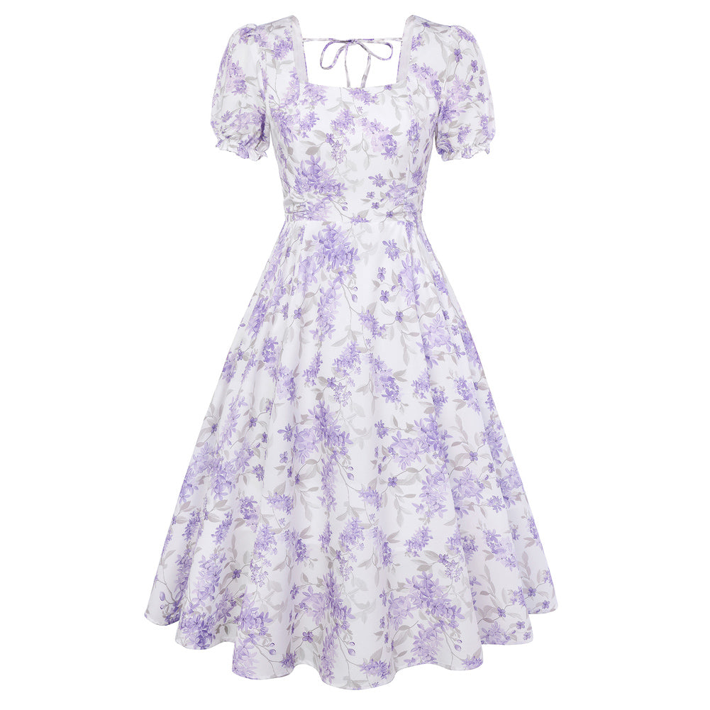 belle poque 1950s Vintage Spring Cottagecore Dresses Puff Sleeve Dress with Pockets Purple