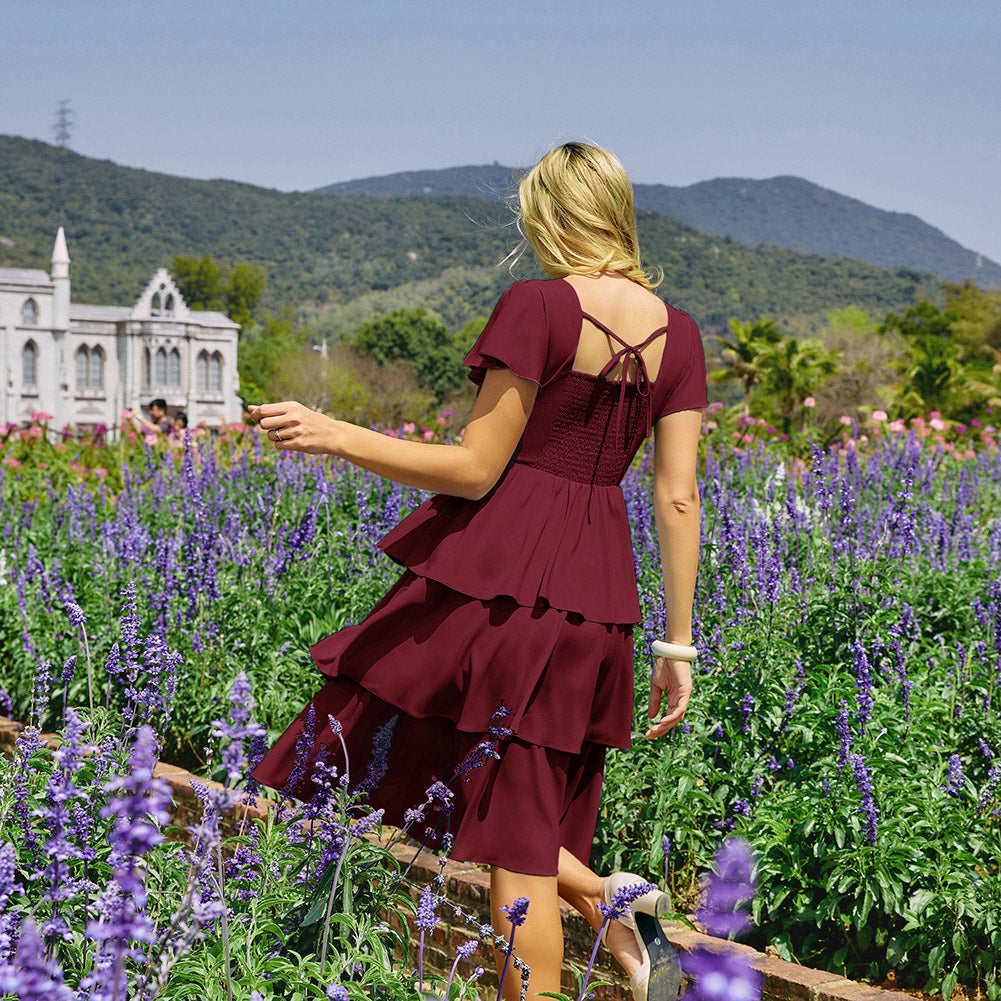 belle poque Vintage Dress 2026 Summer Layered Tiered Ruffle Swing Midi Dress