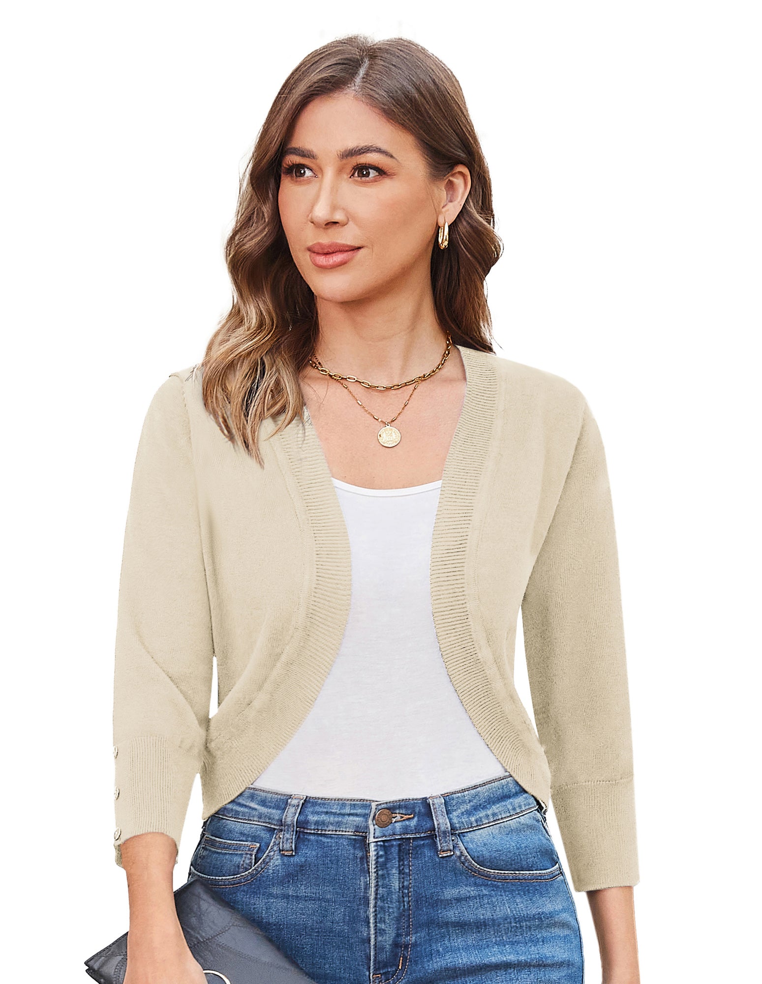 belle poque 3/4 Sleeve Bolero Shrug Open Front Knit Cropped Cardigan Sweater