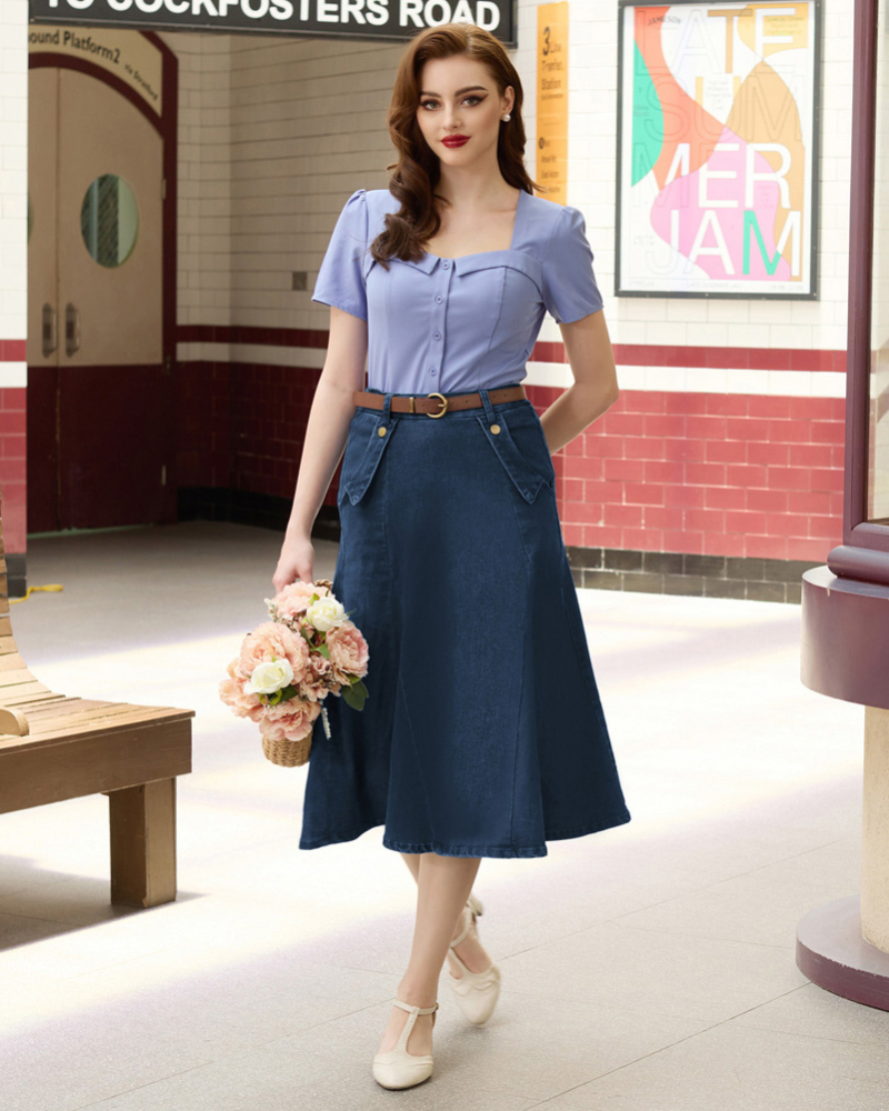 Denim Skirts Knee Length Vintage Elastic High Waist A-Line Midi