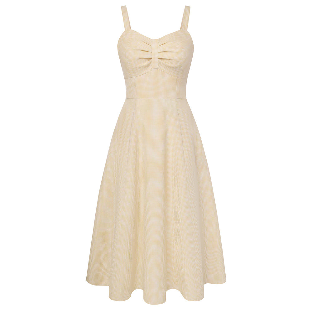 belle poque 1950s Vintage Gingham Dress for Women Sweetheart Neckline Dresses with Pockets Apricot