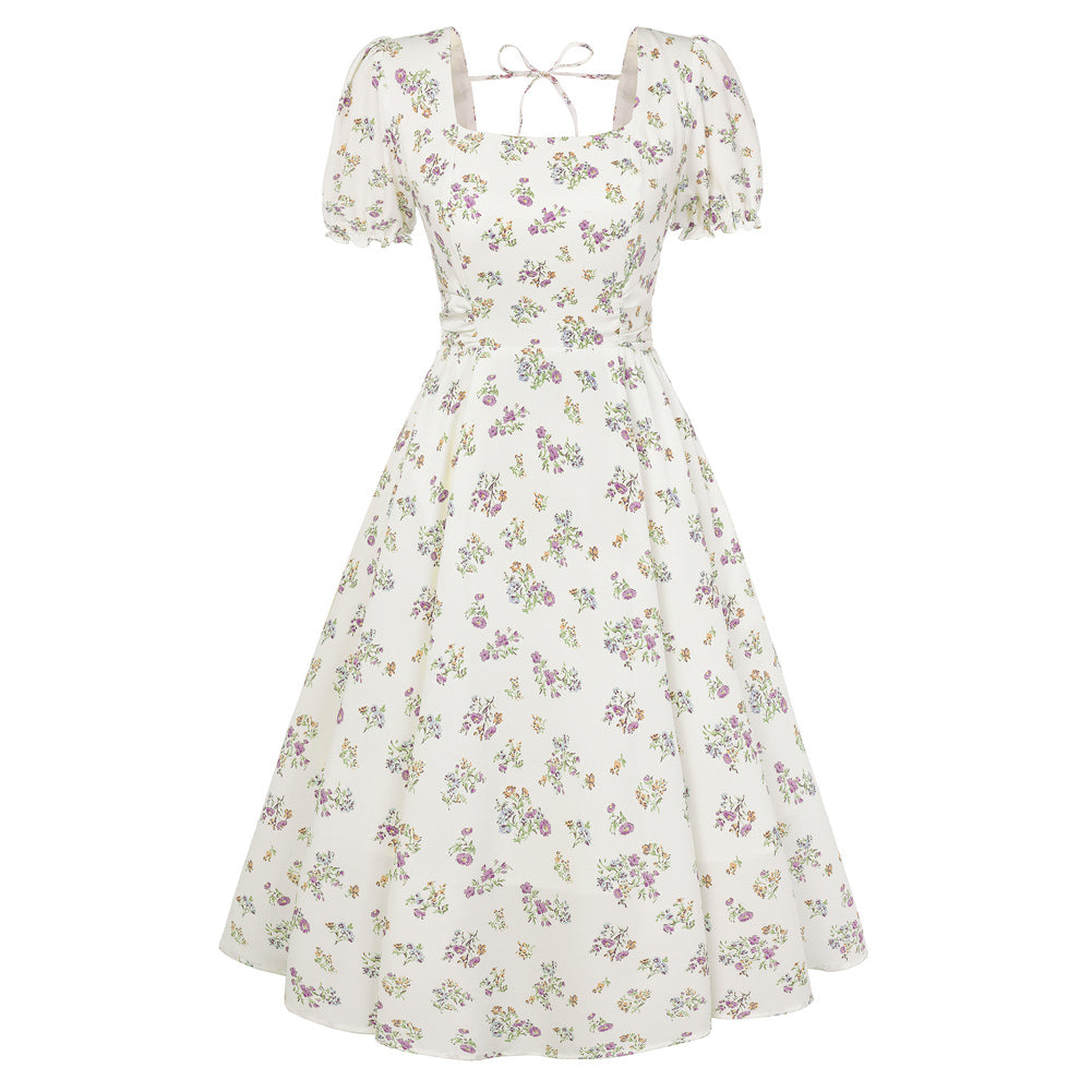 belle poque 1950s Vintage Spring Cottagecore Dresses Puff Sleeve Dress with Pockets Apricot