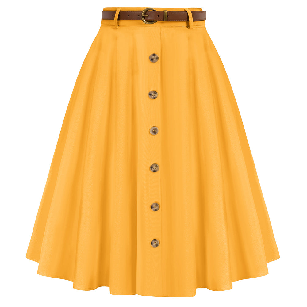Swing Skirt with Belt Elastic High Waist Buttons Decorated Skirt