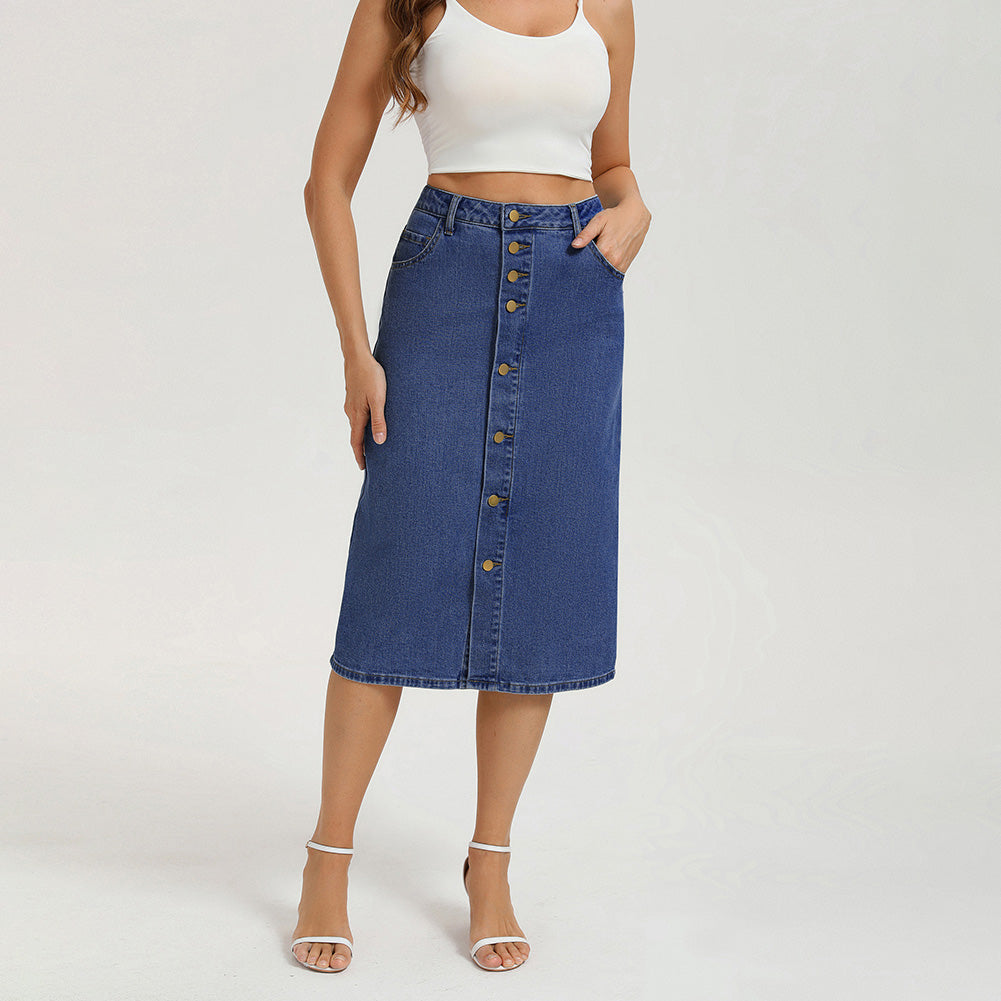 belle poque 1980s Vintage Jean Skirts for Women Front Slit Midi Skirt with Pockets