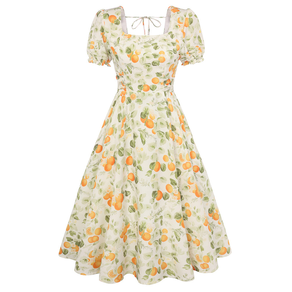 belle poque 1950s Vintage Spring Cottagecore Dresses Puff Sleeve Dress with Pockets Orange