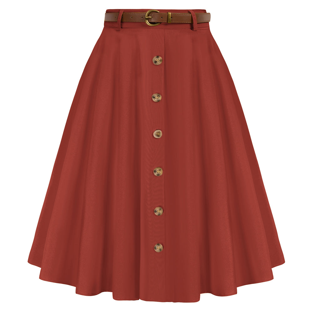 Swing Skirt with Belt Elastic High Waist Buttons Decorated Skirt