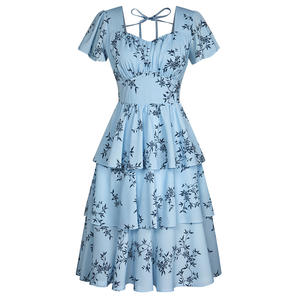 belle poque Floral Print Square Neck Tiered Ruffle Dress 2023 Summer Vintage A-line Swing Midi Dress Dark Blue