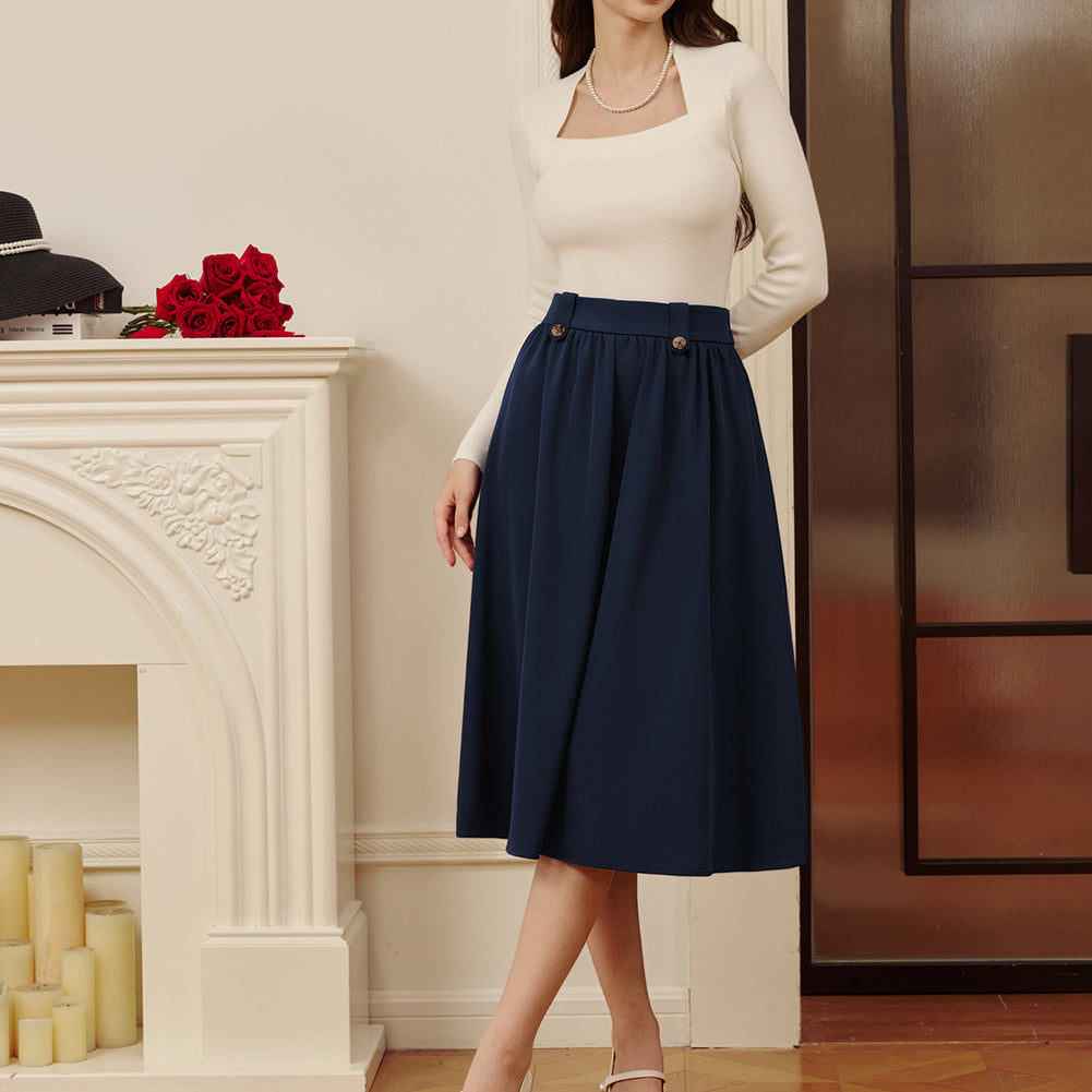 belle poque Women Vintage Swing Skirt Elastic Waist Mid-Calf Length A-Line Skirt