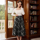 belle poque Women Vintage Plaided Swing Skirt Elastic Waist Mid-Calf Length A-Line Skirt