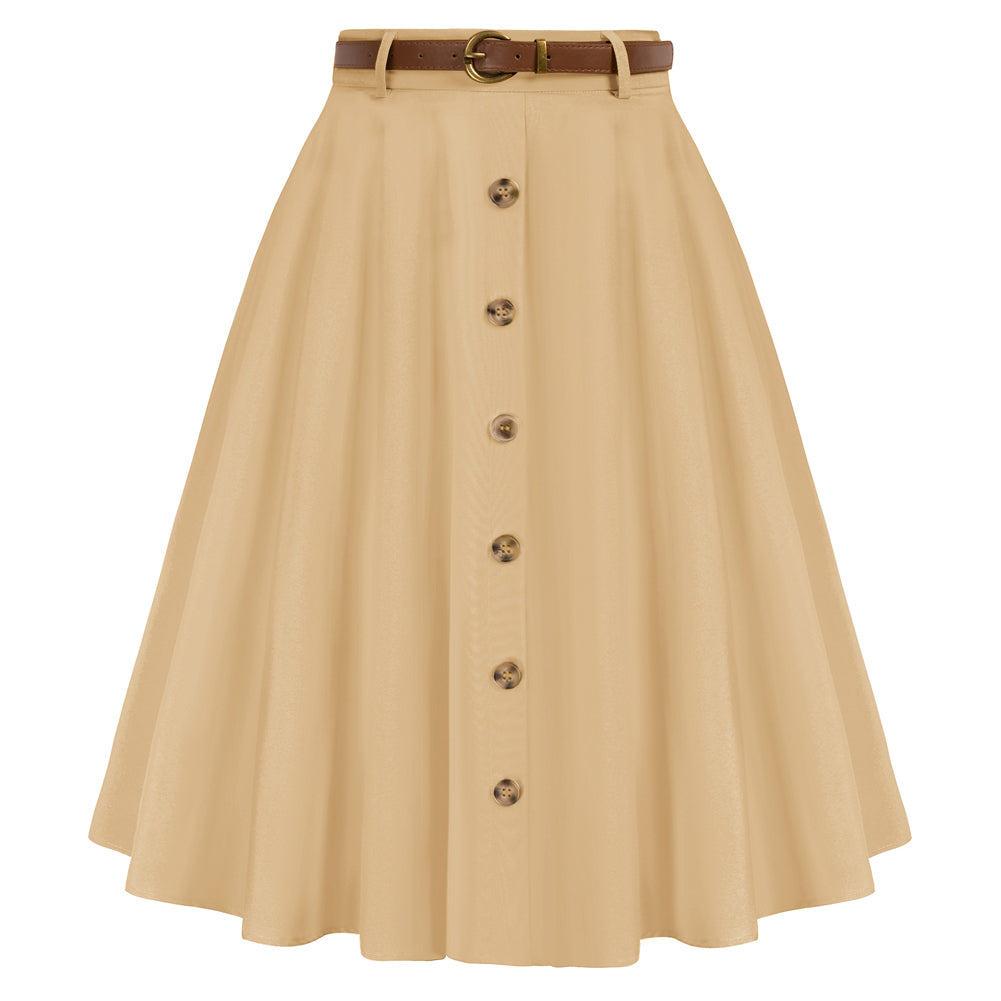 Swing Skirt with Belt Elastic High Waist Buttons Decorated Skirt