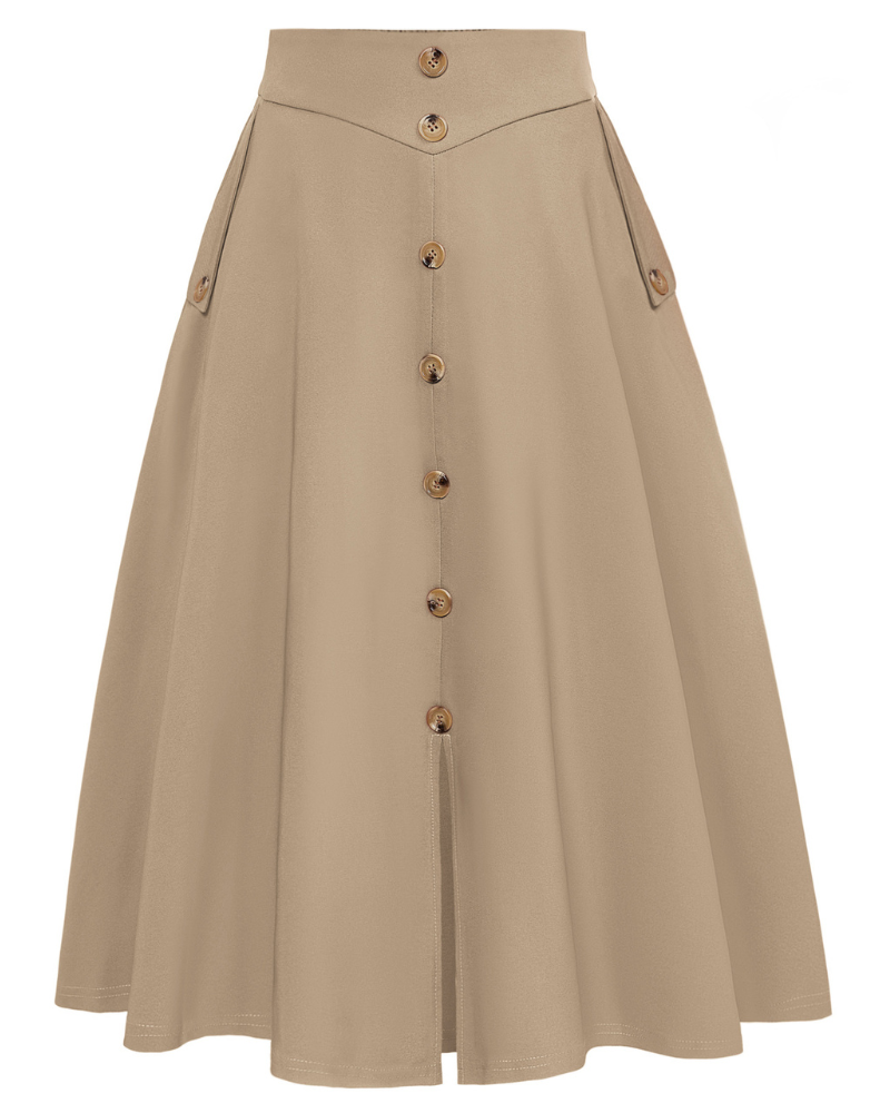 belle poque Vintage A-Line Skirt Midi Skirt Casual Skirt High Waisted Midi Party Skirt Basic A-Line Skirt Khaki