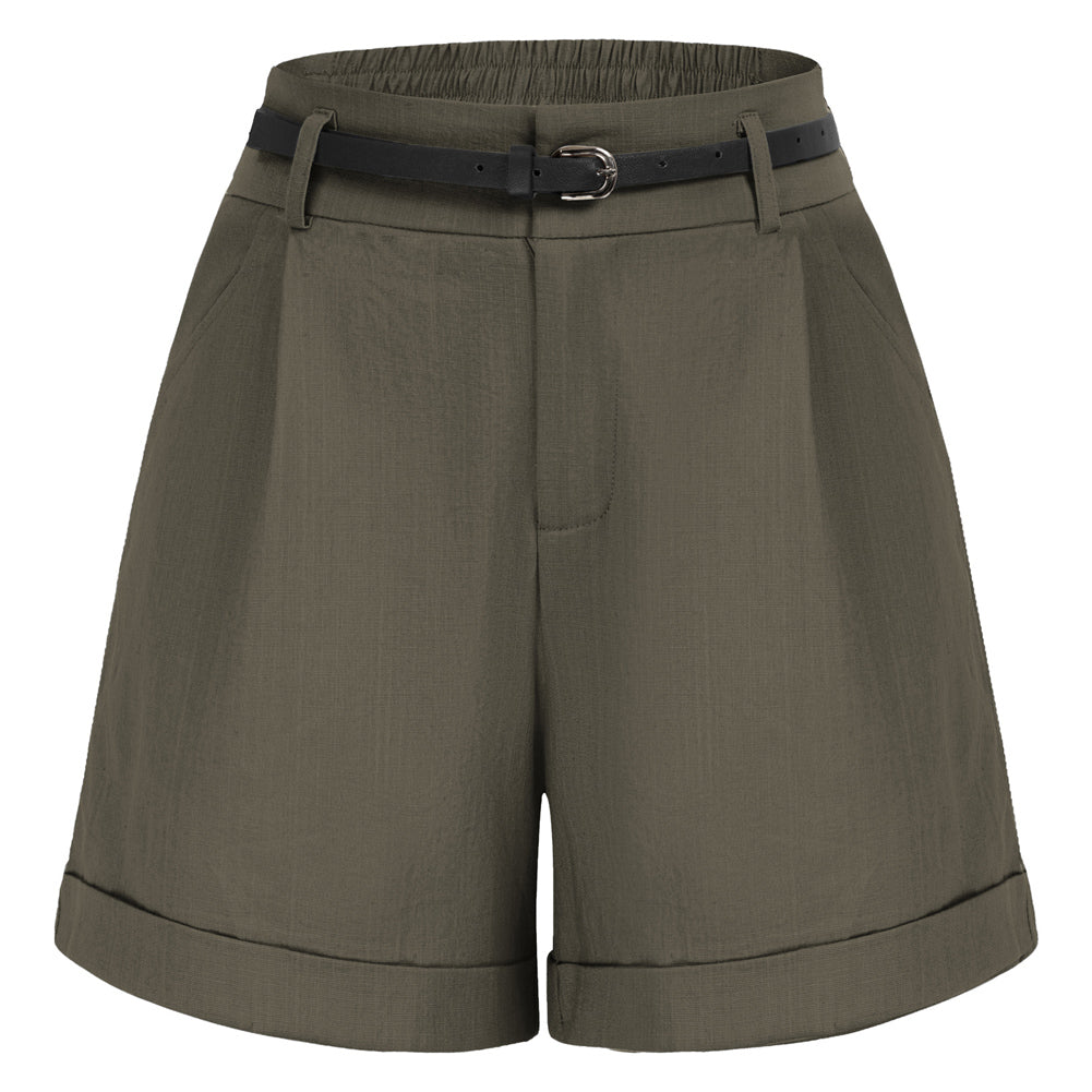 belle poque 2026 Spring Summer Classic Bermuda Short Wide Leg Shorts with Pockets & Belts Green