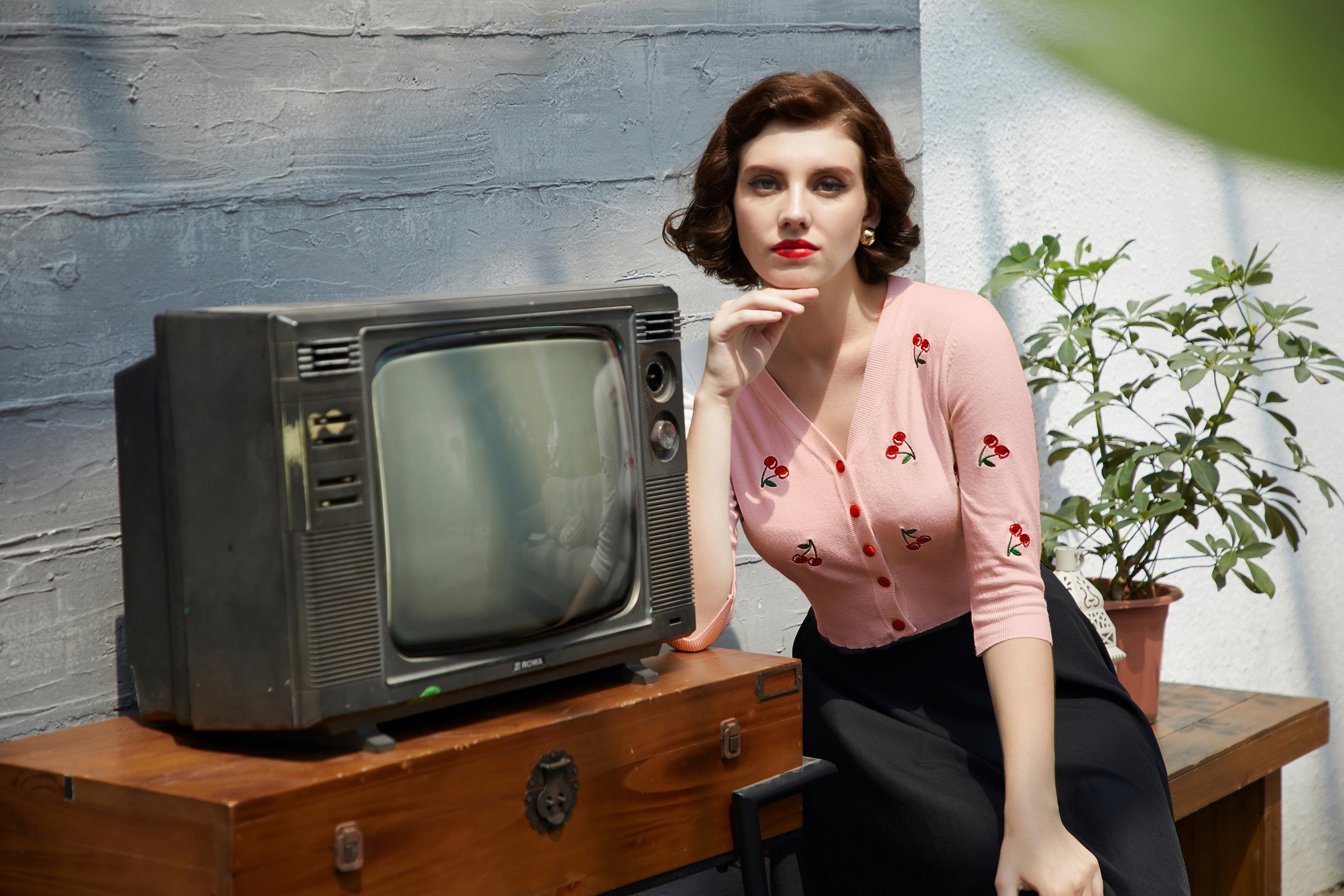 belle poque Women's 3/4 Sleeve Button Down Cherries Embroidery Cropped Cardigan Sweater Coat