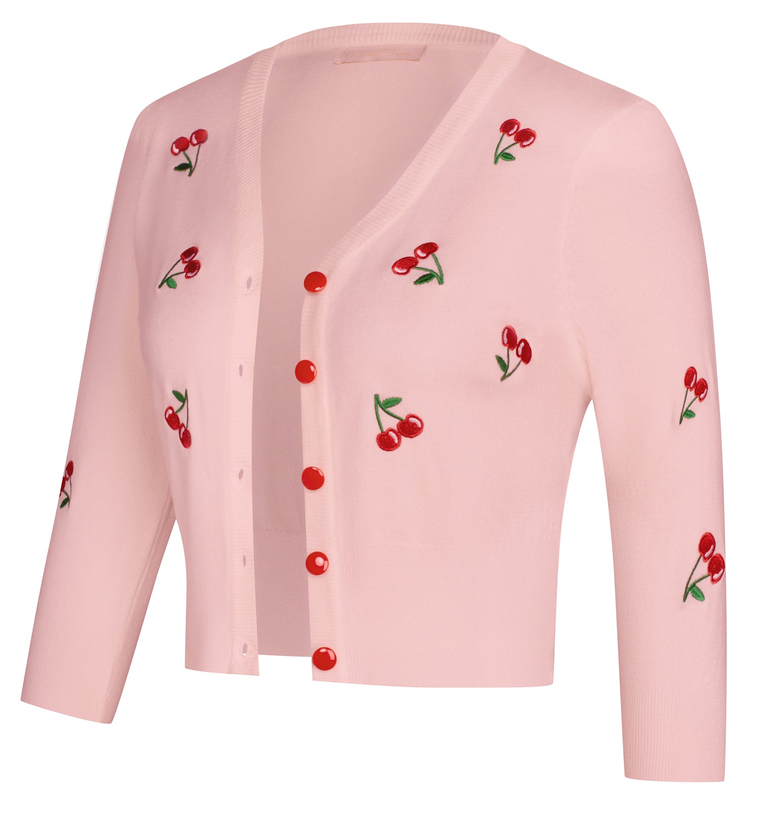 belle poque Women's 3/4 Sleeve Button Down Cherries Embroidery Cropped Cardigan Sweater Coat