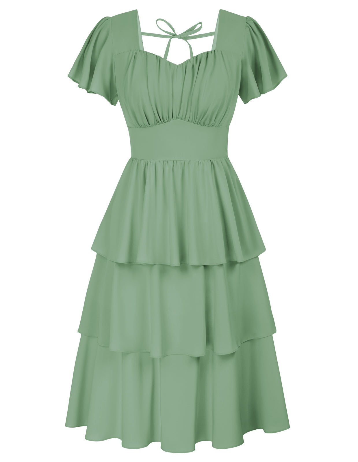 belle poque Floral Print Square Neck Tiered Ruffle Dress 2023 Summer Vintage A-line Swing Midi Dress Green2