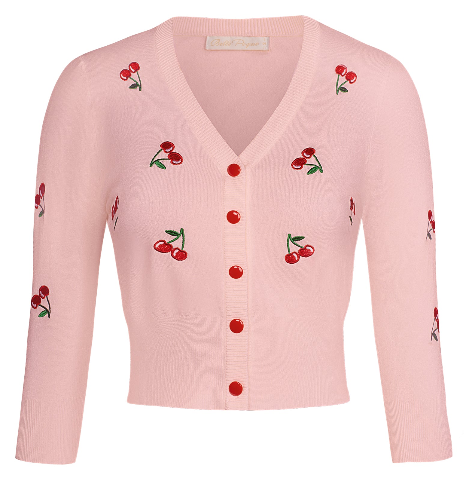 belle poque Women's 3/4 Sleeve Button Down Cherries Embroidery Cropped Cardigan Sweater Coat