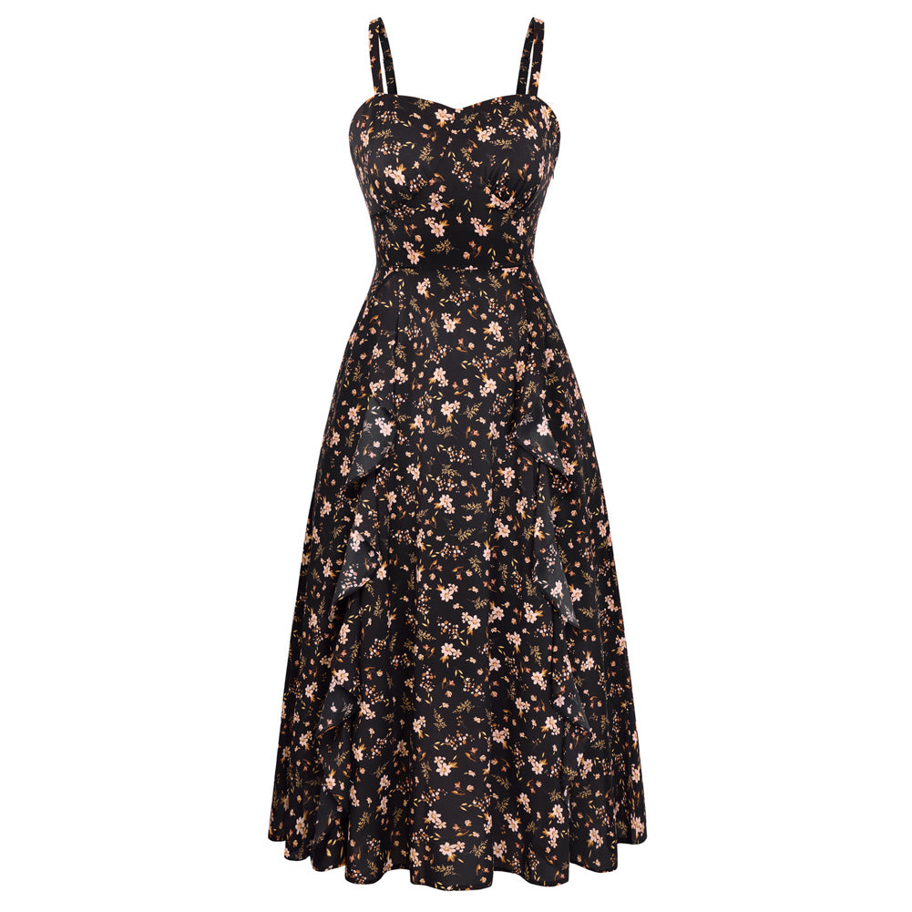 belle poque Long Fairy Dress with Ruffle Trim Empire Waist Dress for Women Summer Black