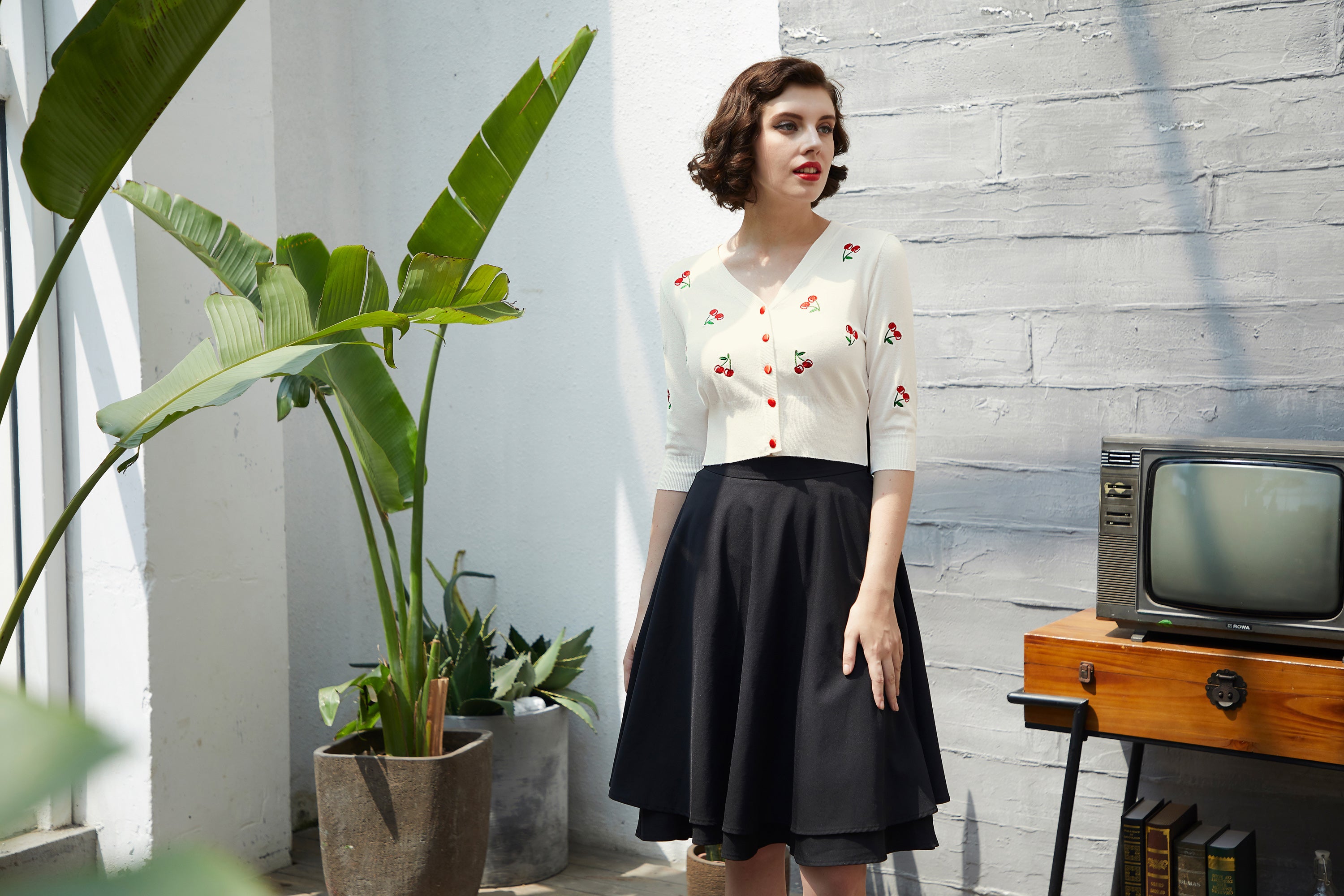 belle poque Women's 3/4 Sleeve Button Down Cherries Embroidery Cropped Cardigan Sweater Coat