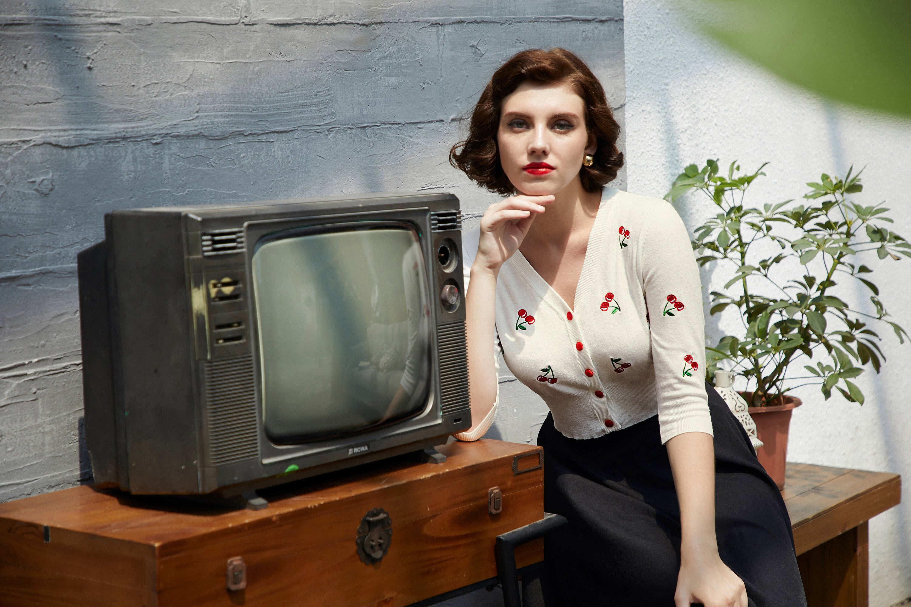 belle poque Women's 3/4 Sleeve Button Down Cherries Embroidery Cropped Cardigan Sweater Coat