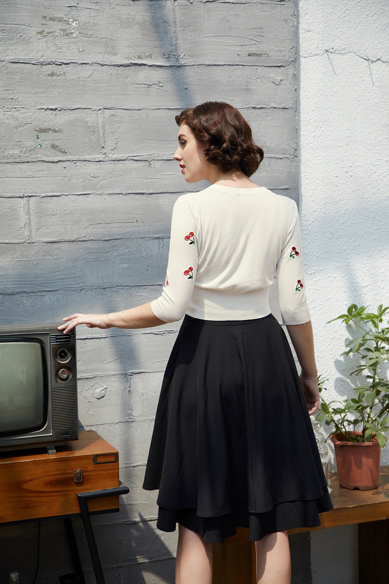 belle poque Women's 3/4 Sleeve Button Down Cherries Embroidery Cropped Cardigan Sweater Coat