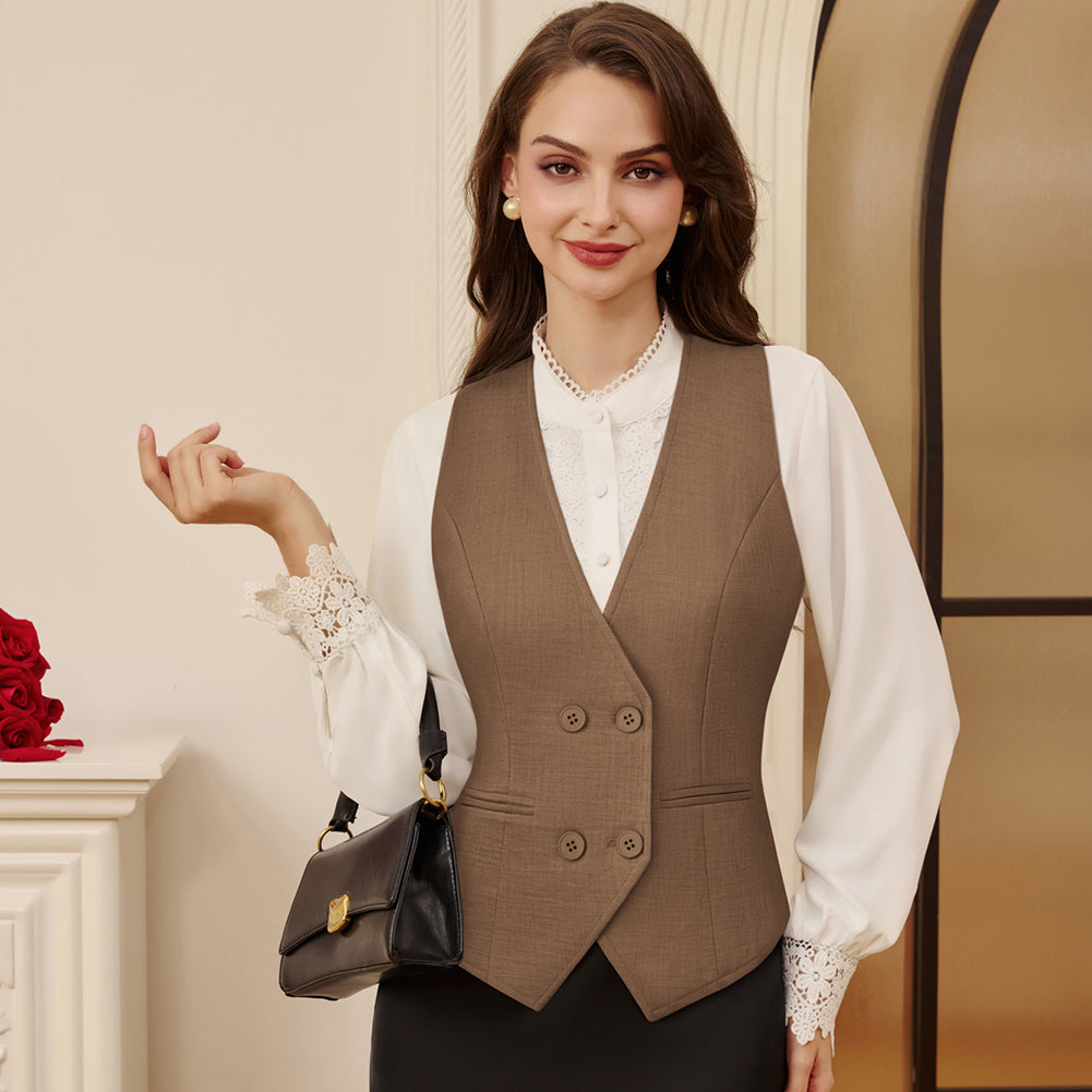 belle poque Women Double Breasted Vest Coat V-Neck Handkerchief Hem Business Waistcoat
