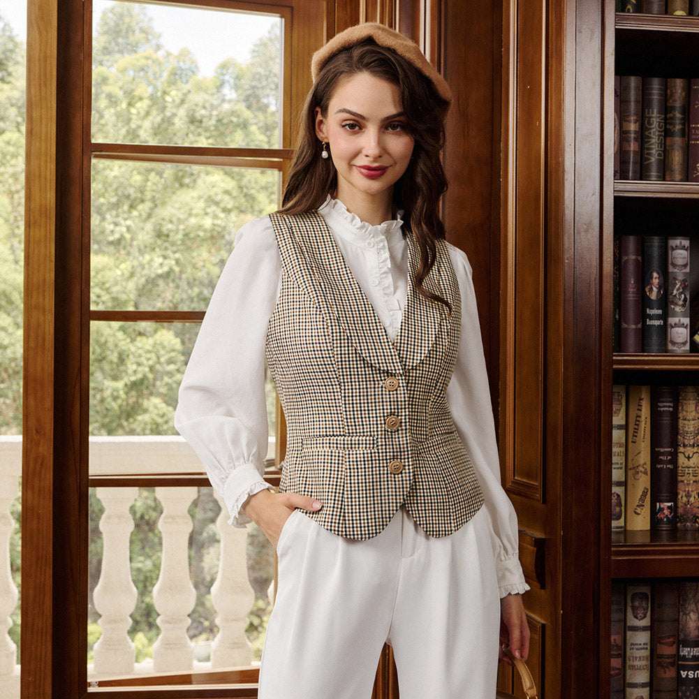belle poque Vintage Lapel Collar Suit Vest Tops for Women Work Dressy Waistcoat Blazer with Pockets