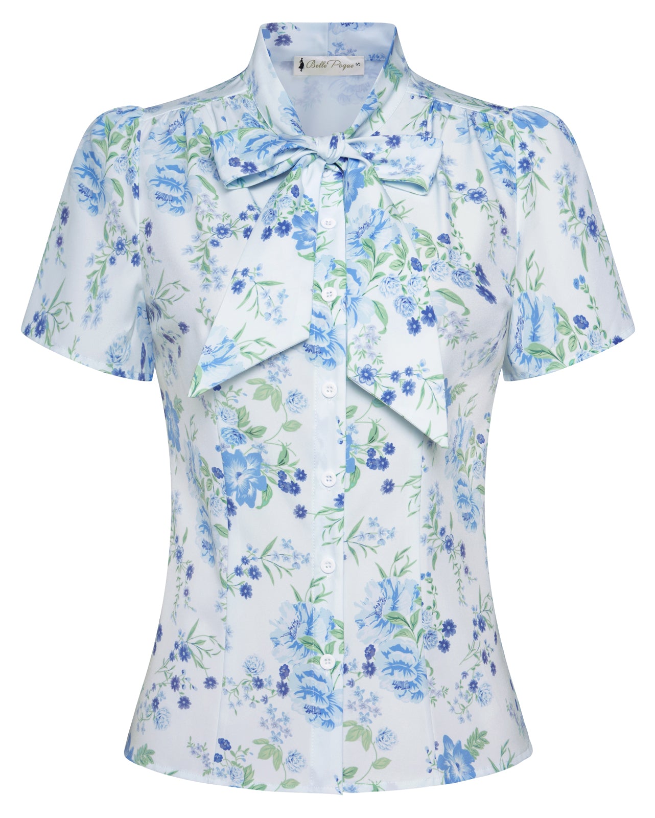 belle poque Summer Short Sleeve Office Button Down Blouse Stripe Shirt Tops with Bow Tie Blue flower