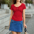 belle poque 2026 Women's Tops Pleated Bow Tie Front Shirts Spring Summer Casual Knit Top