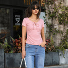 belle poque 2026 Women's Tops Pleated Bow Tie Front Shirts Spring Summer Casual Knit Top