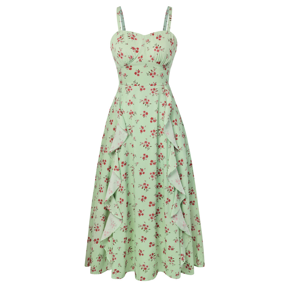 belle poque Long Fairy Dress with Ruffle Trim Empire Waist Dress for Women Summer Green Floral