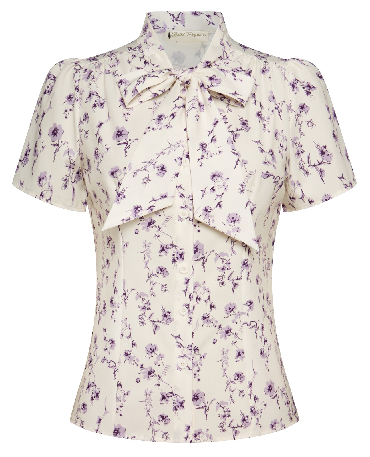 belle poque Summer Short Sleeve Office Button Down Blouse Stripe Shirt Tops with Bow Tie Purple