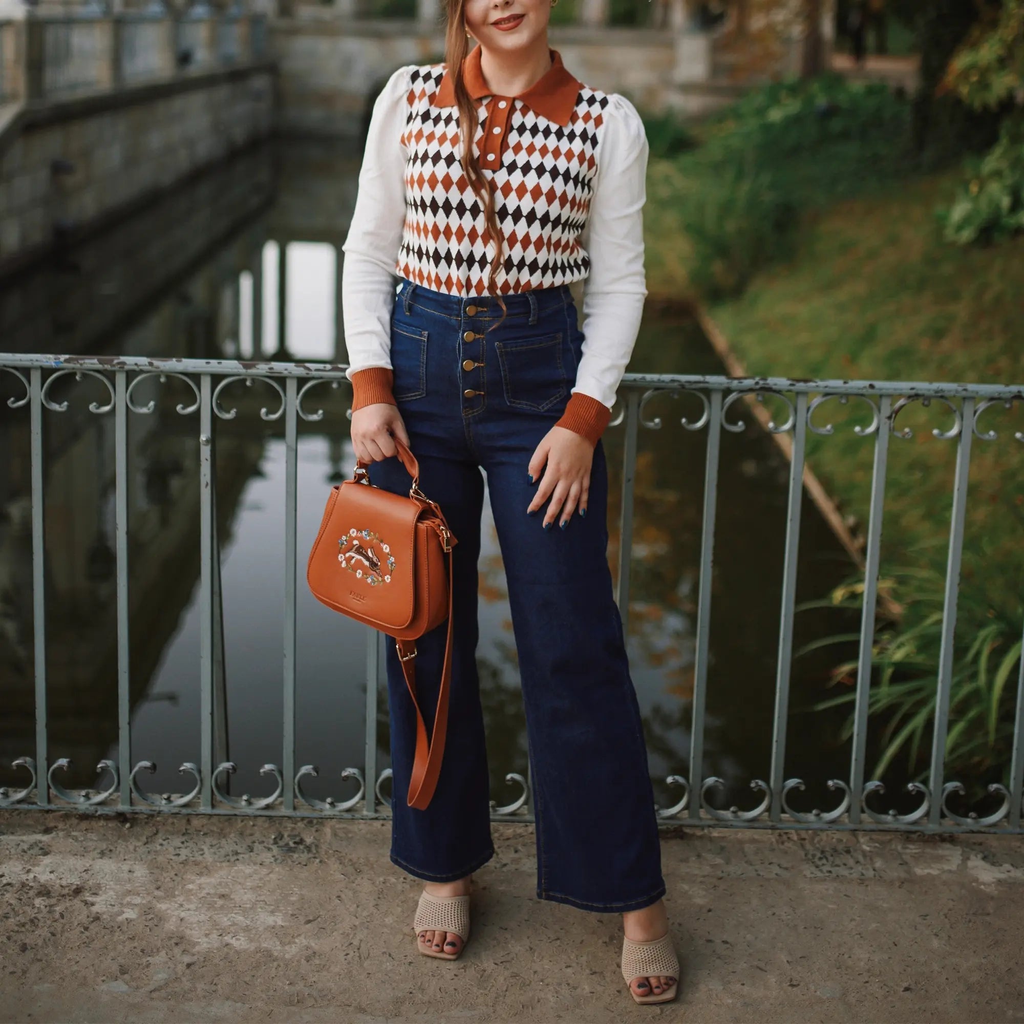 belle poque Vintage Straight Leg High Waisted Elastic Waist Multi-Pocket Flare Denim Pants