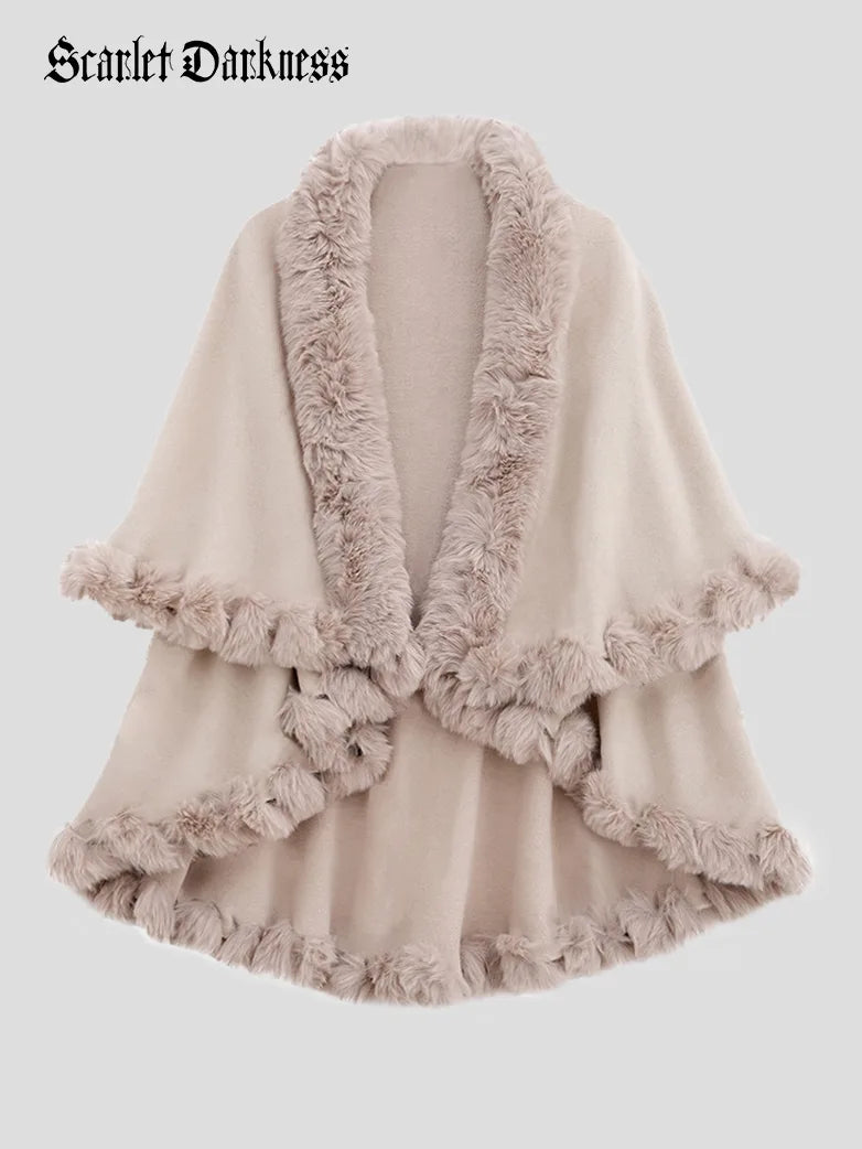 belle poque 1980s Christmas Double-layer Fur Collar Cape Ivory 85cm*130cm