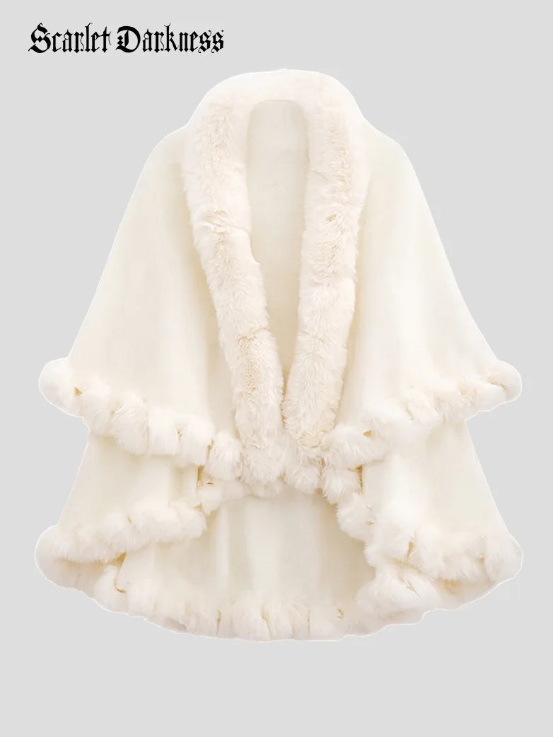belle poque 1980s Christmas Double-layer Fur Collar Cape White 85cm*130cm